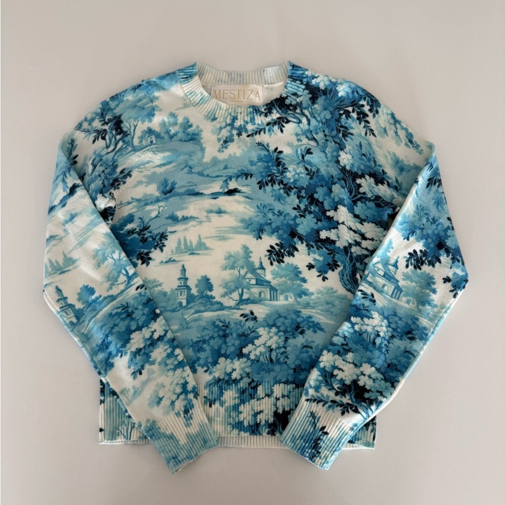 NWT Mestiza Phoebe Blue Toile Scenic Knit Sweater Storybook